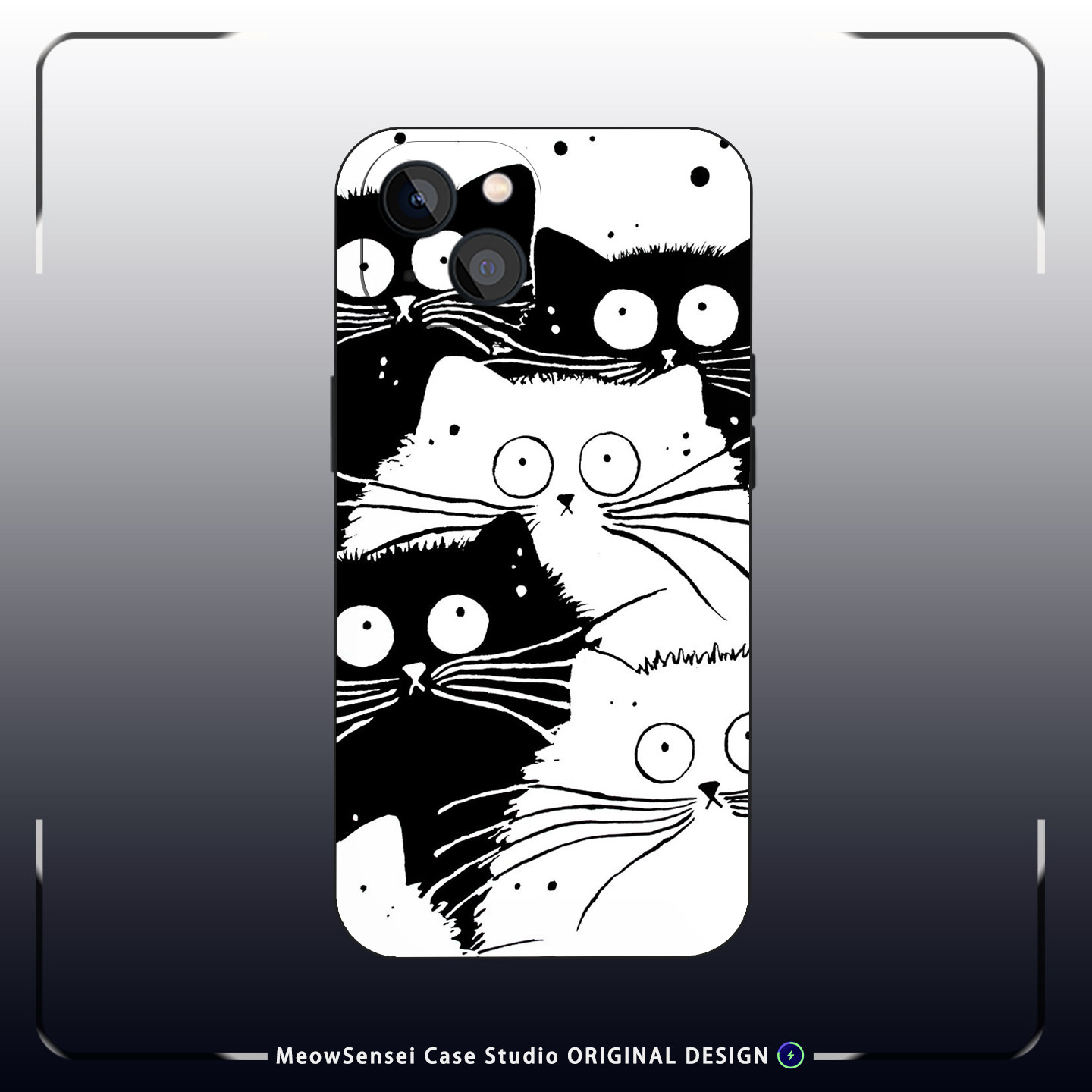 黑白手绘大眼猫咪线条插画创意简约 ins风磨砂硅胶手机壳适用于iPhone17ProMax苹果16小众个性防摔磁吸保护套