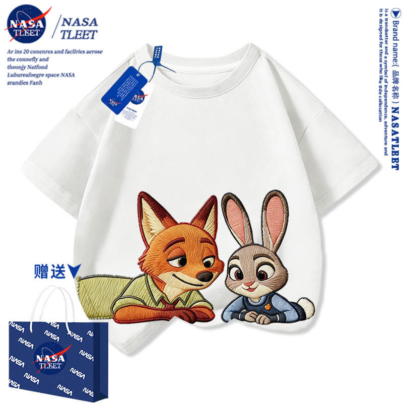 NASA疯狂动物城卡通纯棉短袖T恤男女童夏季潮流仿刺绣印花半袖衫