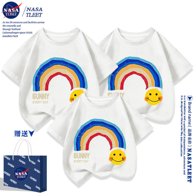 NASA亲子装夏装一家三口新款夏天母女全家装纯棉彩虹笑脸短袖T恤