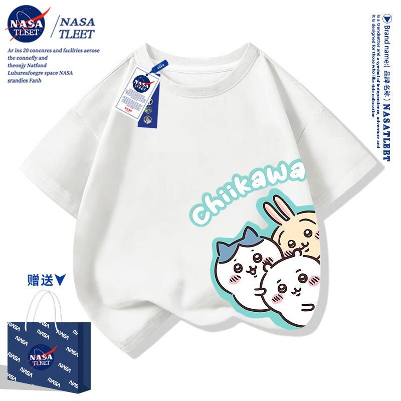 NASA联名潮牌儿童短袖t恤夏季2025新款宽松纯棉男女童白色上衣服