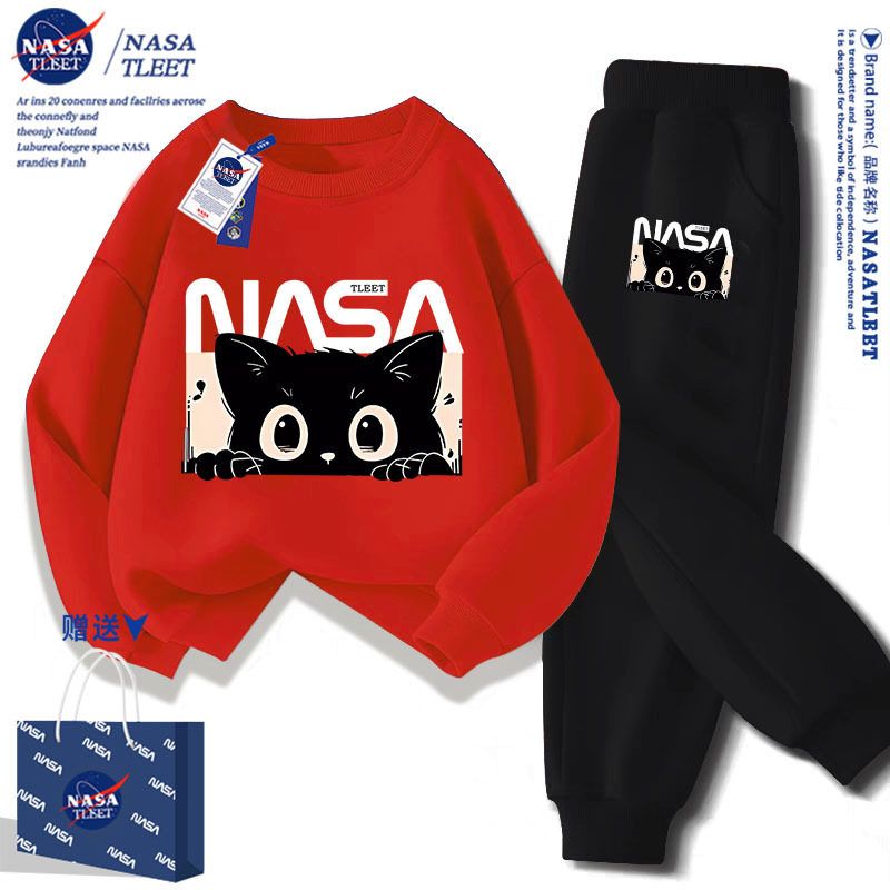 NASA儿童红色卫衣套装2025新款秋加绒季男童女童过年新年衣服套装