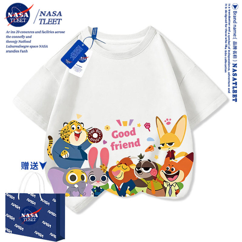 NASA疯狂动物城儿童纯棉短袖T恤夏季款卡通洋气男女童亲子装上衣