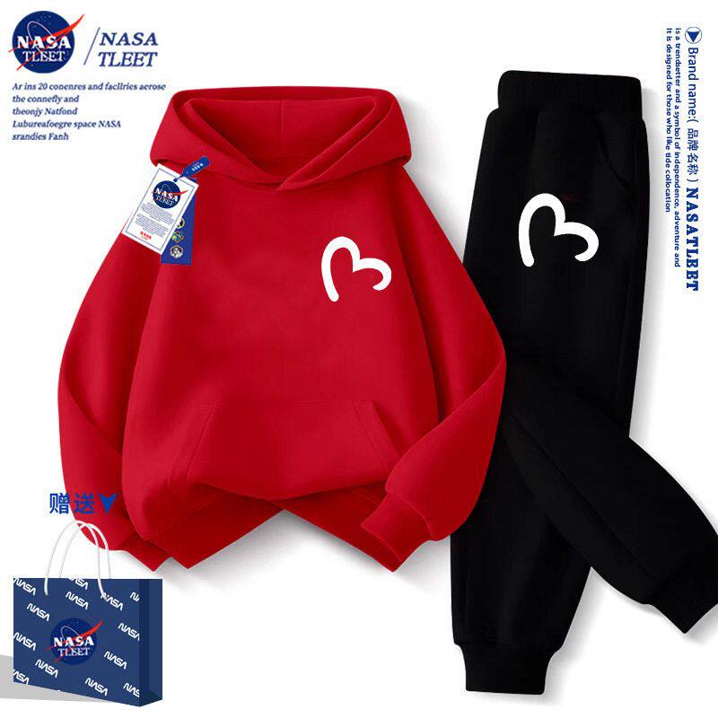 NASA儿童红色卫衣套装2025新款女童秋冬连帽男童加绒新年拜年服