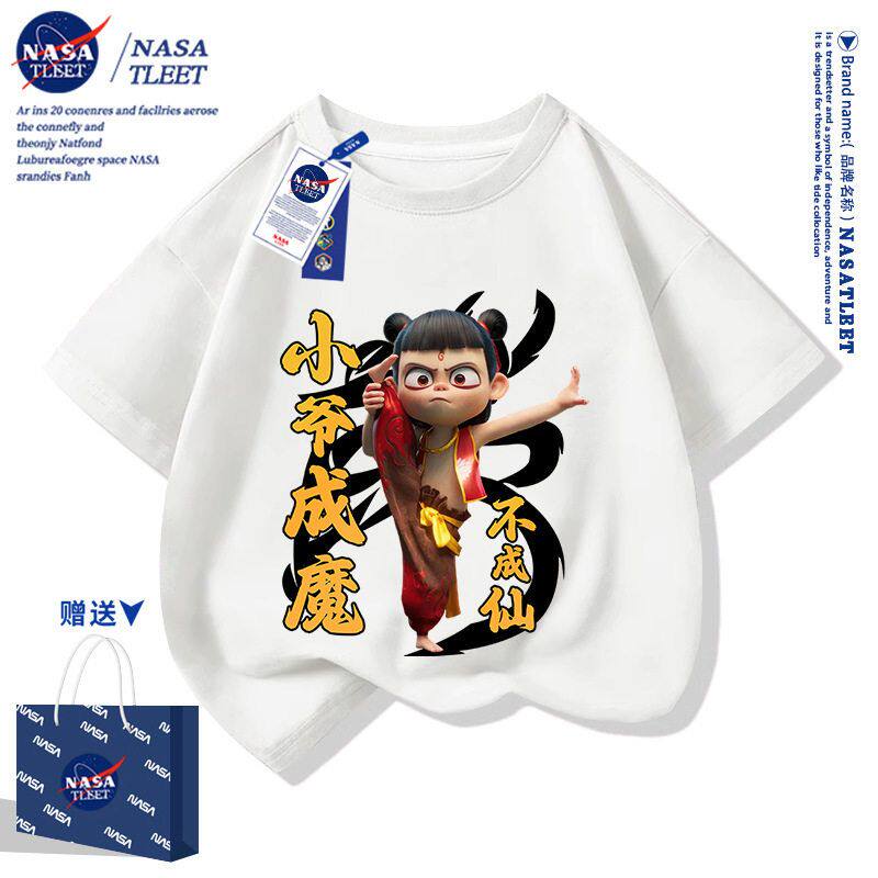 NASA联名卡通动漫周边哪吒敖丙敖光印花男女中小儿童短袖亲子t恤