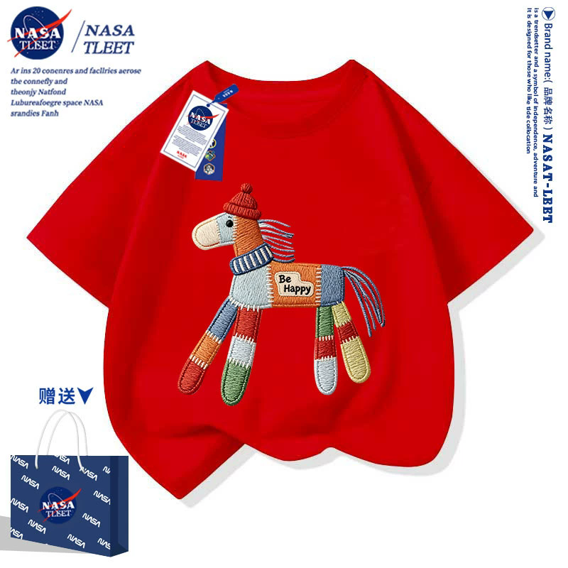 NASA2026马年红色亲子装衣服男女一家三口亲子装棉短袖t恤衫半袖