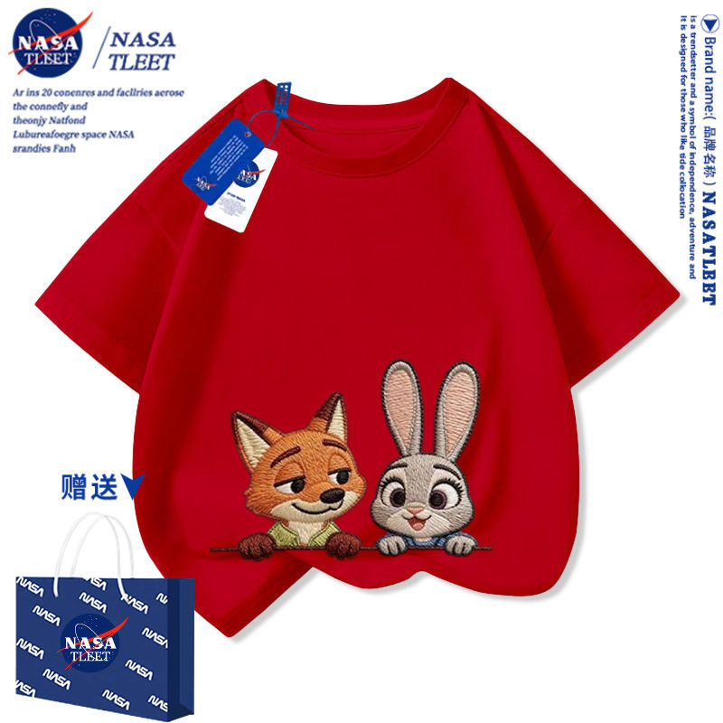 NASA儿童疯狂动物城仿刺绣印花短袖T恤男女童夏季纯棉圆领上衣潮