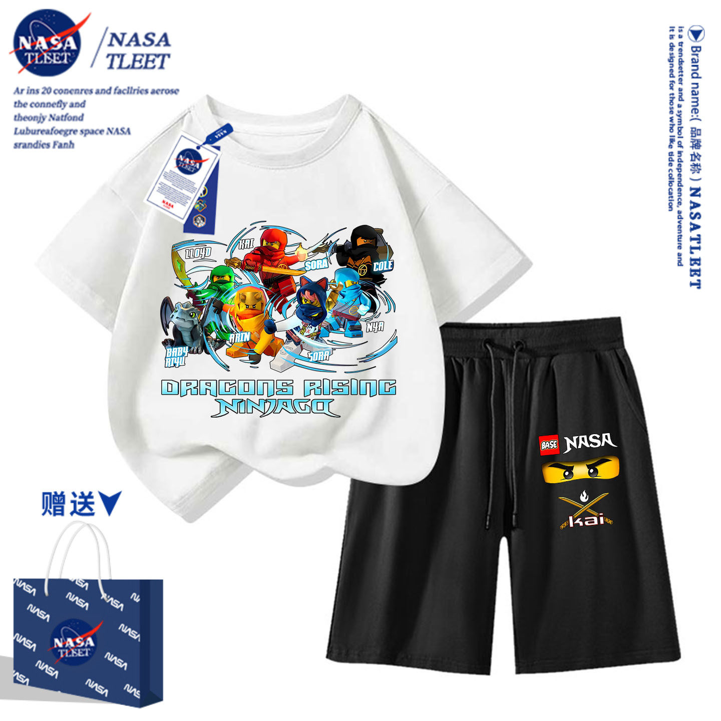 NASA童装幻影忍者学生短袖T恤夏季卡通透气宽松上衣儿童半袖t恤衫