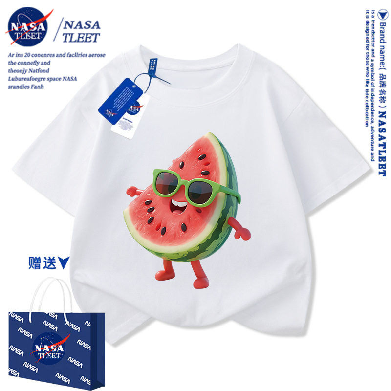 NASA卡通西瓜印花夏季中大童短袖T恤男女童圆领休闲百搭纯棉上衣