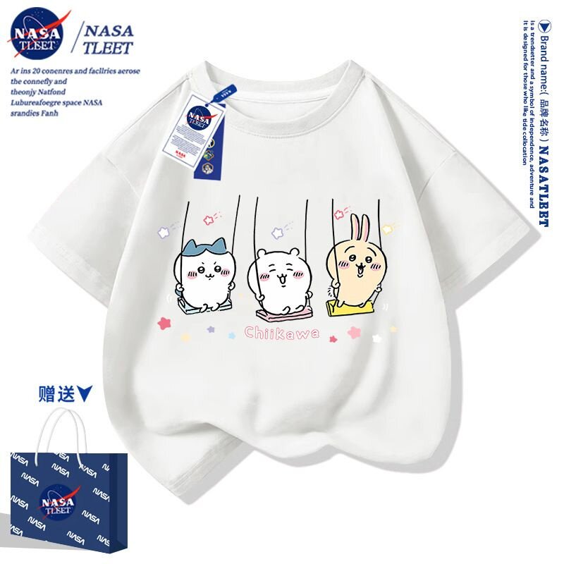 NASA联名潮牌儿童短袖t恤夏季2025新款宽松纯棉男女童白色上衣服