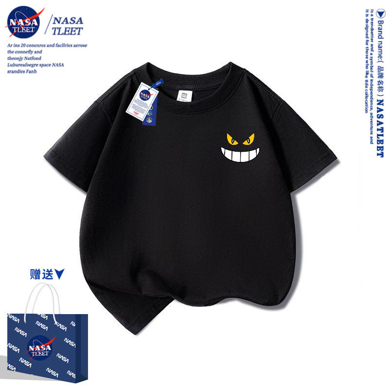 NASA儿童黑色纯棉短袖T恤2025新款卡通表情男女童休闲上衣