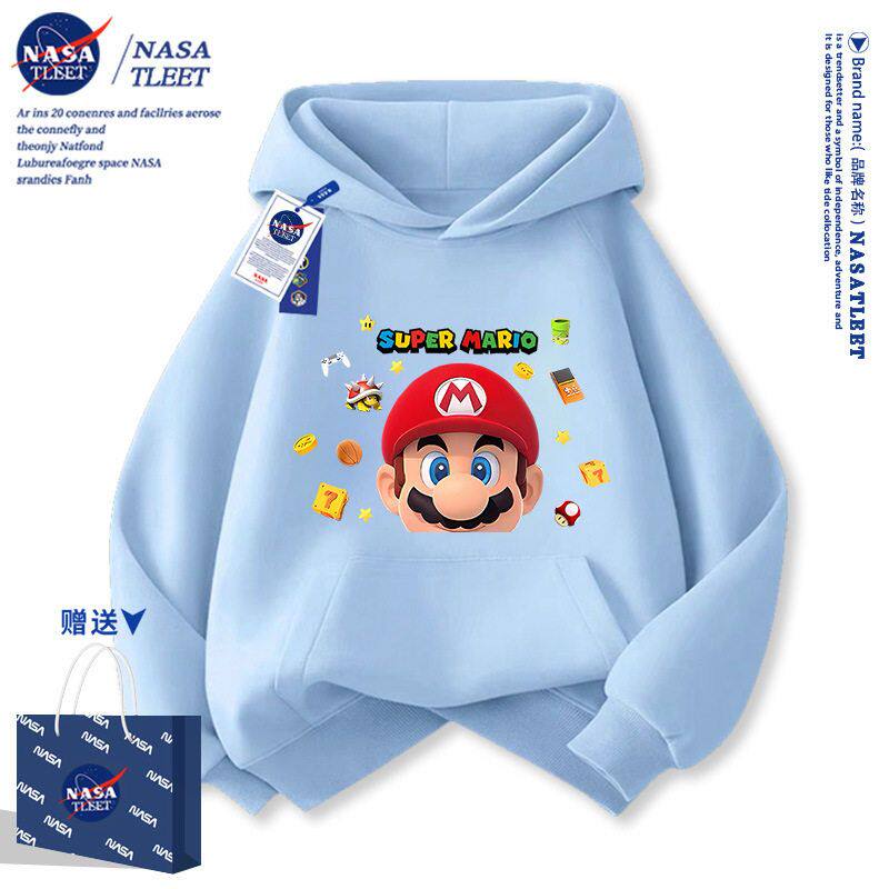 NASA马里奥男童卫衣春秋2025新款秋冬加绒连帽外套儿童红色衣服