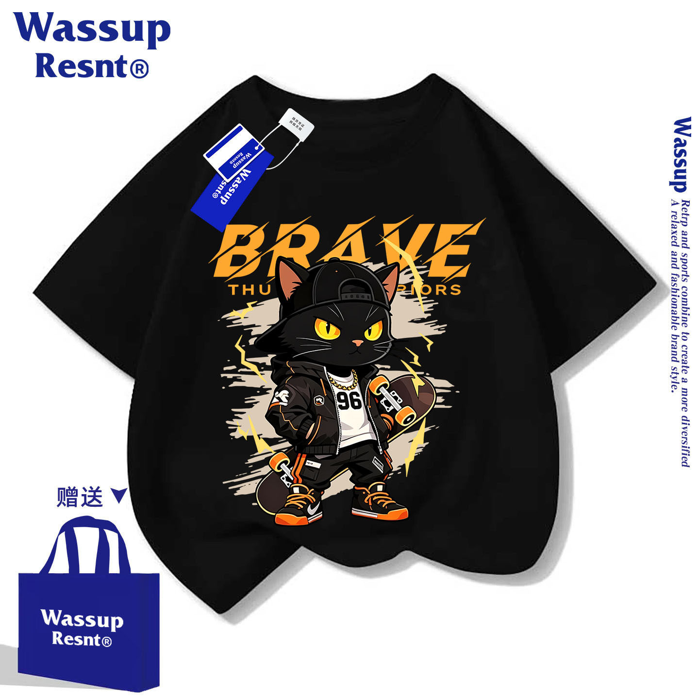 WASSUP帅气滑板小猫咪男女中小儿童短袖纯棉t恤半袖衫夏装上衣服