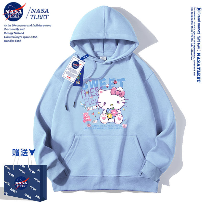 NASA女童卫衣加绒2025新款秋冬洋气女孩粉色连帽袖hellokitty上衣