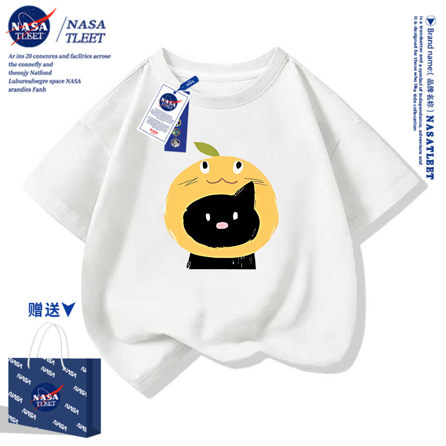 NASA可爱时髦洋气猫咪卡通短袖棉t恤衫休闲半袖衫儿童汗衫夏装新
