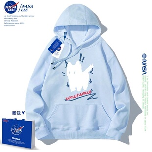 NASA早秋猫咪连帽卫衣女秋冬2023新款港风潮牌小众雾霾蓝加绒外套