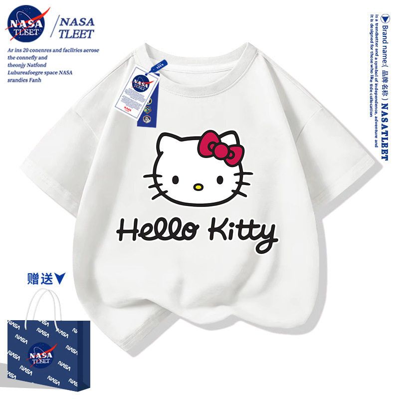 NASA联名纯棉T恤新款夏季男女童宽松简约圆领卡通kt猫印花短袖