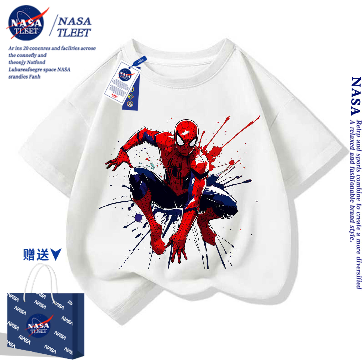 NASA蜘蛛侠Spiderman儿童棉短袖T恤夏季男女童衣服半袖潮童上衣服