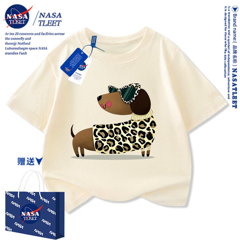 NASA卡通豹纹腊肠狗印花儿童T恤2026夏季新款纯棉男女情侣半袖服