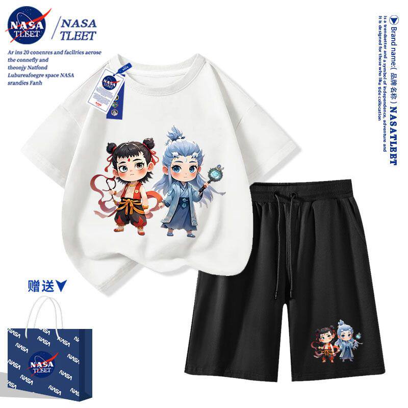 NASA联名哪吒敖丙时髦休闲棉t恤衫短袖短裤套装亲子衣服夏季新款
