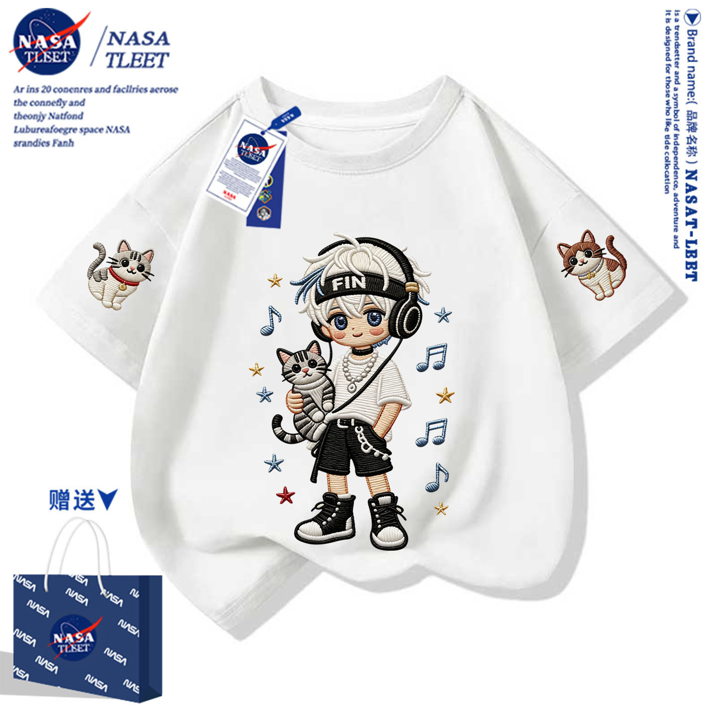 NASA耳机少年男童夏短袖T恤仿刺绣卡通猫咪印花中大童宽松纯棉衣