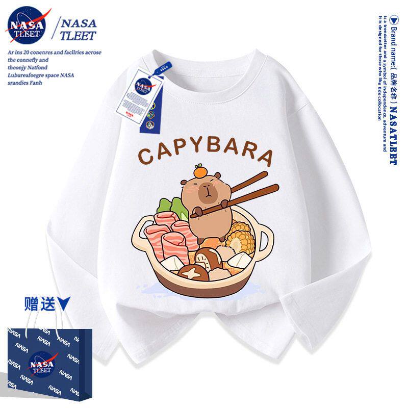 NASA潮牌联名卡皮巴拉t恤长袖2025新款男童女童秋季纯棉宽松上衣
