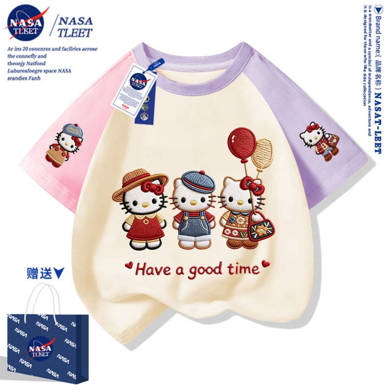 NASA联名新款卡通动漫KT猫凯蒂猫圆领短袖t恤女童装洋气T恤衫半袖