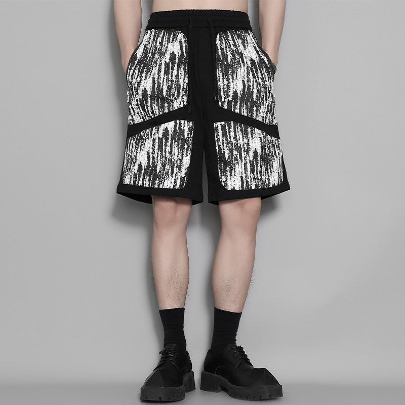 原创潮牌复古港风个性艺术扎染贴布撞色拼接休闲五分短裤子男夏装,男装,短裤,淘宝优惠券,粉丝福利购,淘宝优惠卷