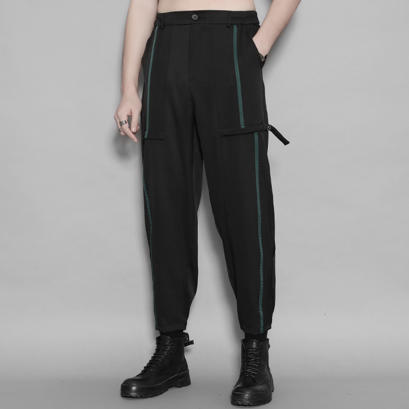 原创潮男秋装英伦港风不规则撞色织带裁剪拼接修身小脚九分裤男士