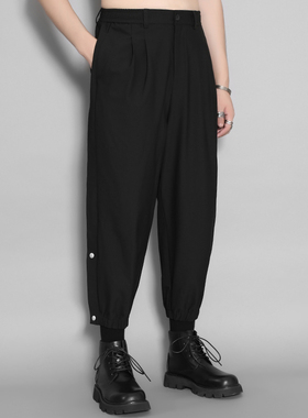 潮男原创港风秋季新款九分边扣运动裤潮束脚百搭宽松黑色休闲裤男