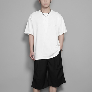 t恤男白色上衣 不规则裁剪拼接短袖 潮男原创设计夏季 日系港风个性