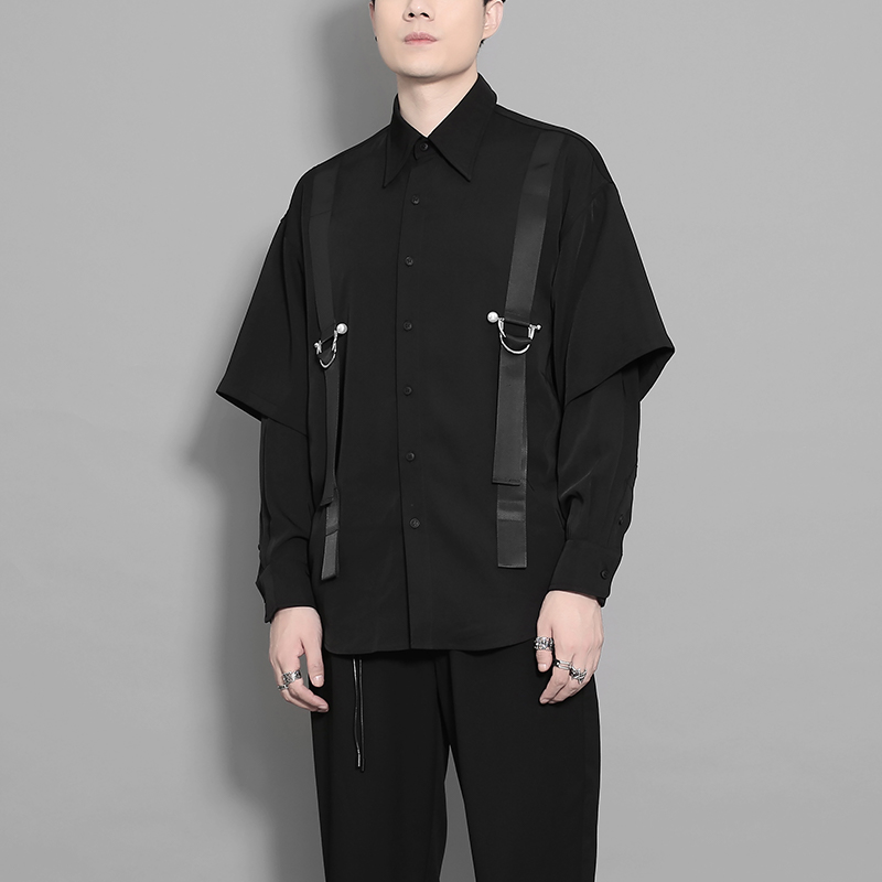 扣环织带拼接休闲秋季长袖衬衫男