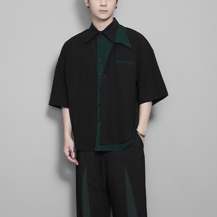 衬衫 潮男原创暗黑港风个性 短袖 夏季 男 撞色拼接裁剪设计感上衣男士
