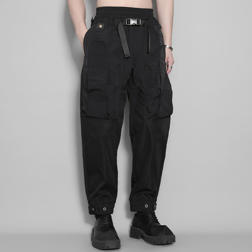 山本风铆钉织带立体拼接工装裤男