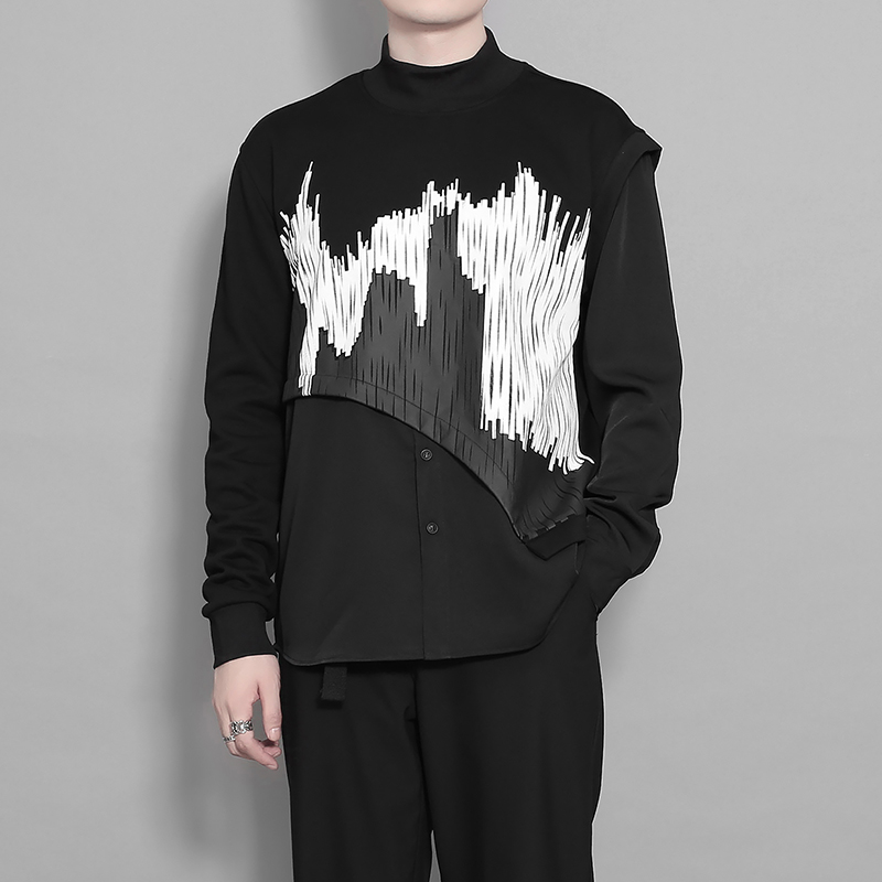 裁剪拼接撞色印花半高领卫衣长袖