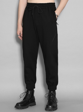 潮牌暗黑系拉链口袋束脚针织卫裤男时尚帅气秋季休闲弹力哈伦裤潮