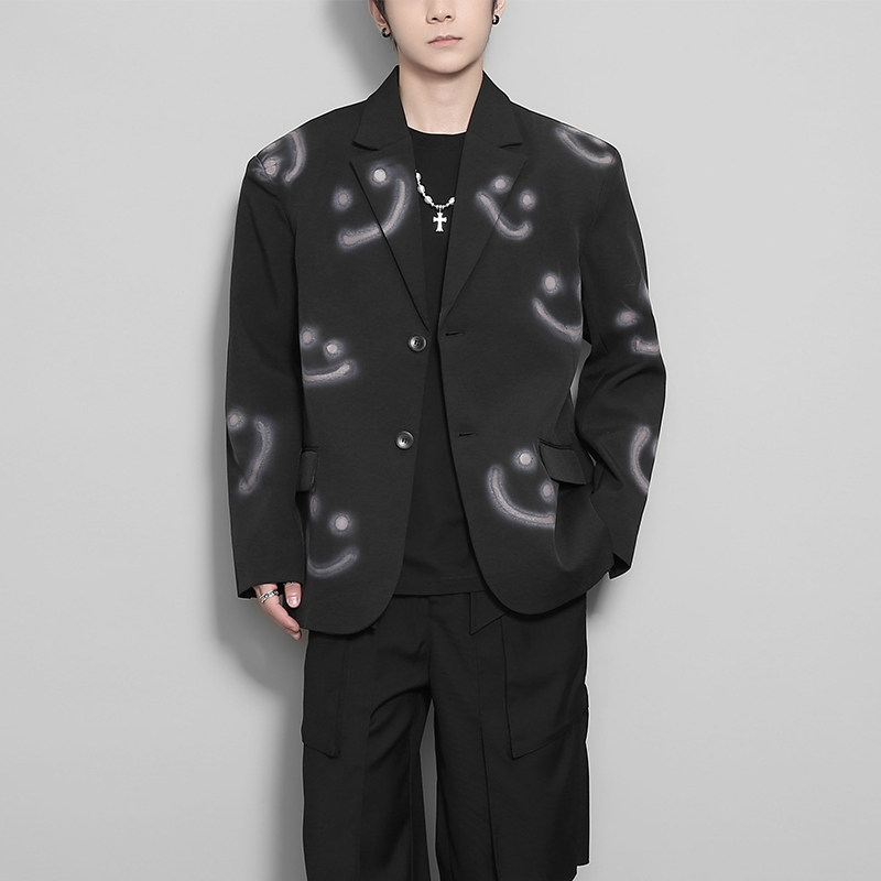 潮男原创美式港风复古笑脸手绘小众设计感痞帅西装外套男士秋冬装