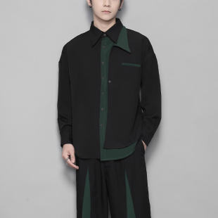 衬衫 潮男原创暗黑港风个性 长袖 秋季 男 撞色拼接裁剪设计感上衣男士