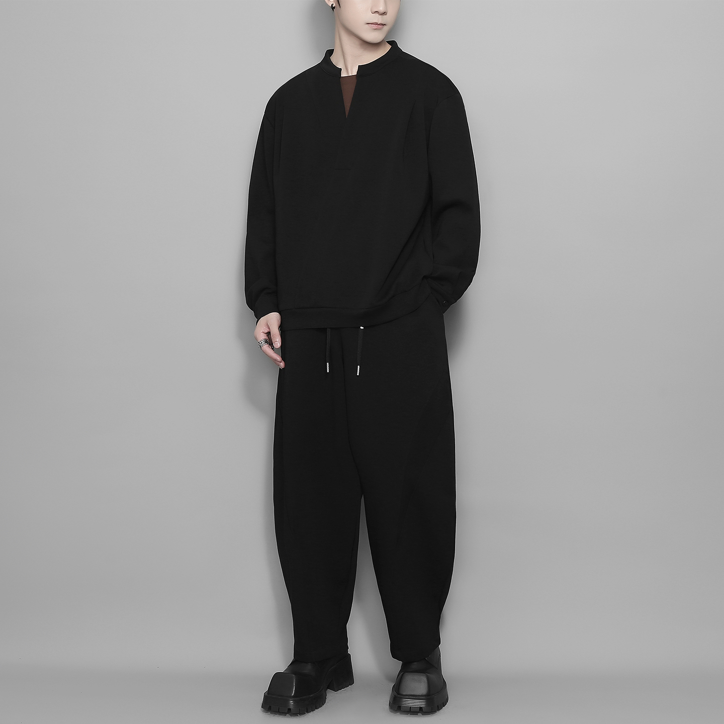 撞色领口拼接设计感卫衣套装男