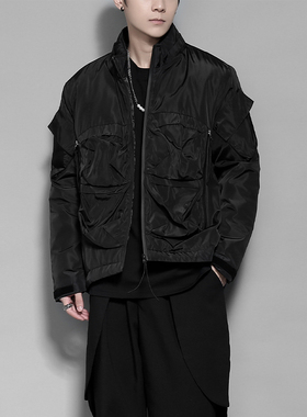 2025新品暗黑潮牌个性立体口袋褶皱拼接设计感夹棉外套男冬装夹克