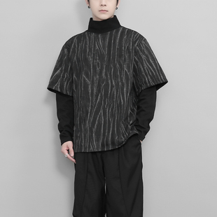 原创暗黑系山本风复古抽象刮痕图案小众设计感假两件半高领卫衣男