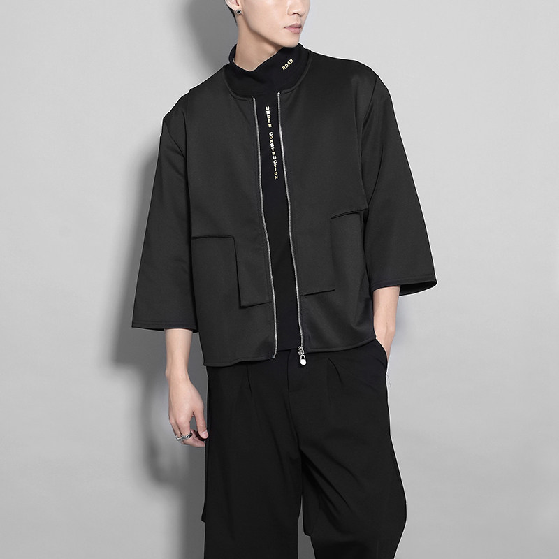 原创男装潮牌 暗黑机能风拼接痞帅外套春季七分袖上衣男士短袖t恤