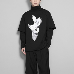 原创暗黑系山本风抽象印花小众设计感假两件拼接半高领卫衣男秋装