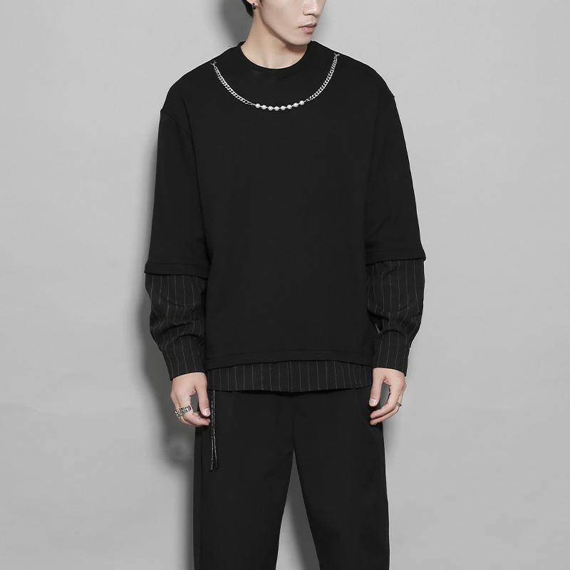 珍珠项链装饰男士假两件设计卫衣