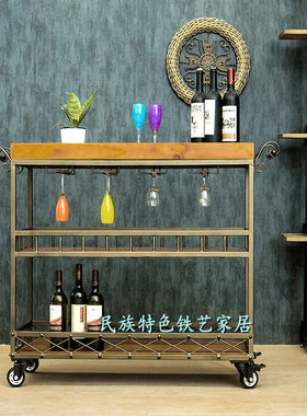 美式复古实木餐车酒店餐厅酒水车移动小推车置物架家用红酒杯酒架