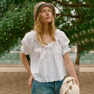 春夏季 christydawn纯棉短袖 2026新款 女款 短衬衣刺绣上衣 白色衬衫