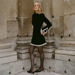 花边修身 DOEN法式 秋冬季 A字裙子女2025新款 连衣裙 纯棉天鹅绒长袖