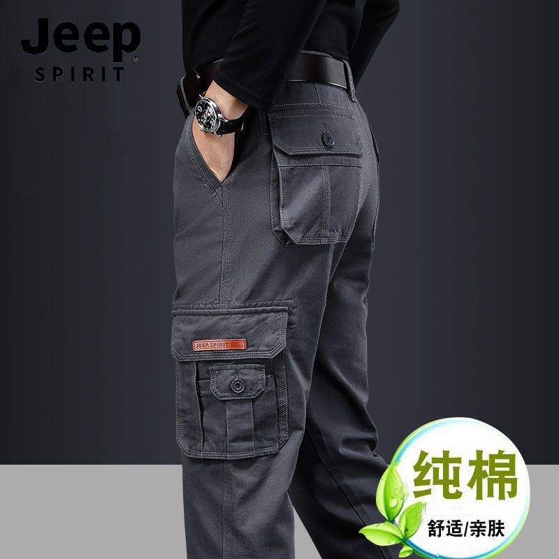 jeep吉普高端品牌纯棉直筒美式工装裤男士春夏薄款多口袋工装裤子