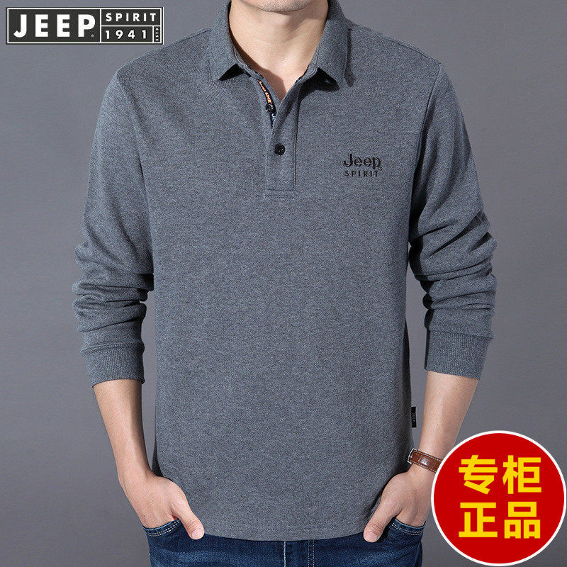 JEEP吉普官方翻领长袖t恤男装正品2026年春秋大码休闲纯棉POLO衫