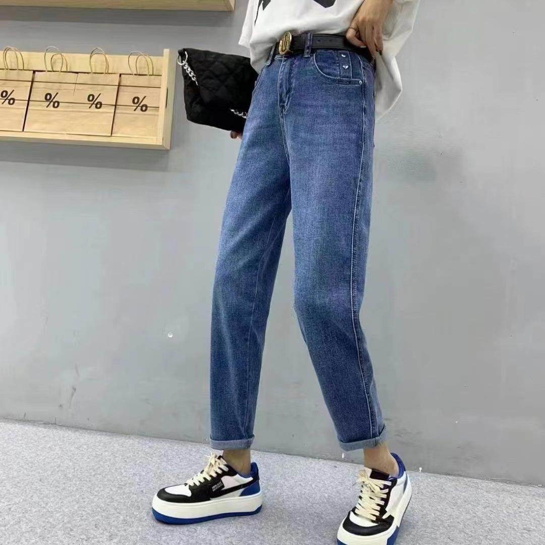 普洛克正品裤梨形身材深蓝牛仔长裤女萝卜九分高腰直筒裤订单显瘦