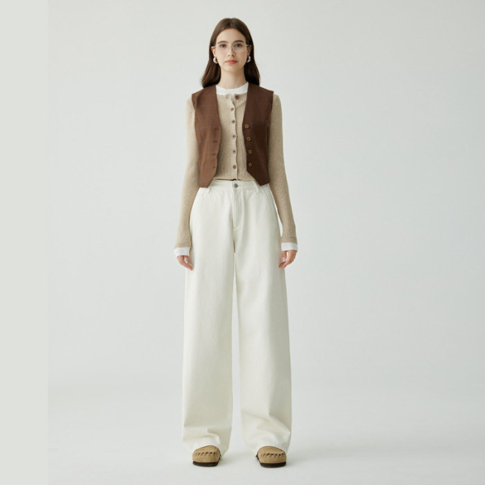 普洛克正品&高端窄版宽松白色牛仔裤女秋季女士高腰直筒百搭阔腿